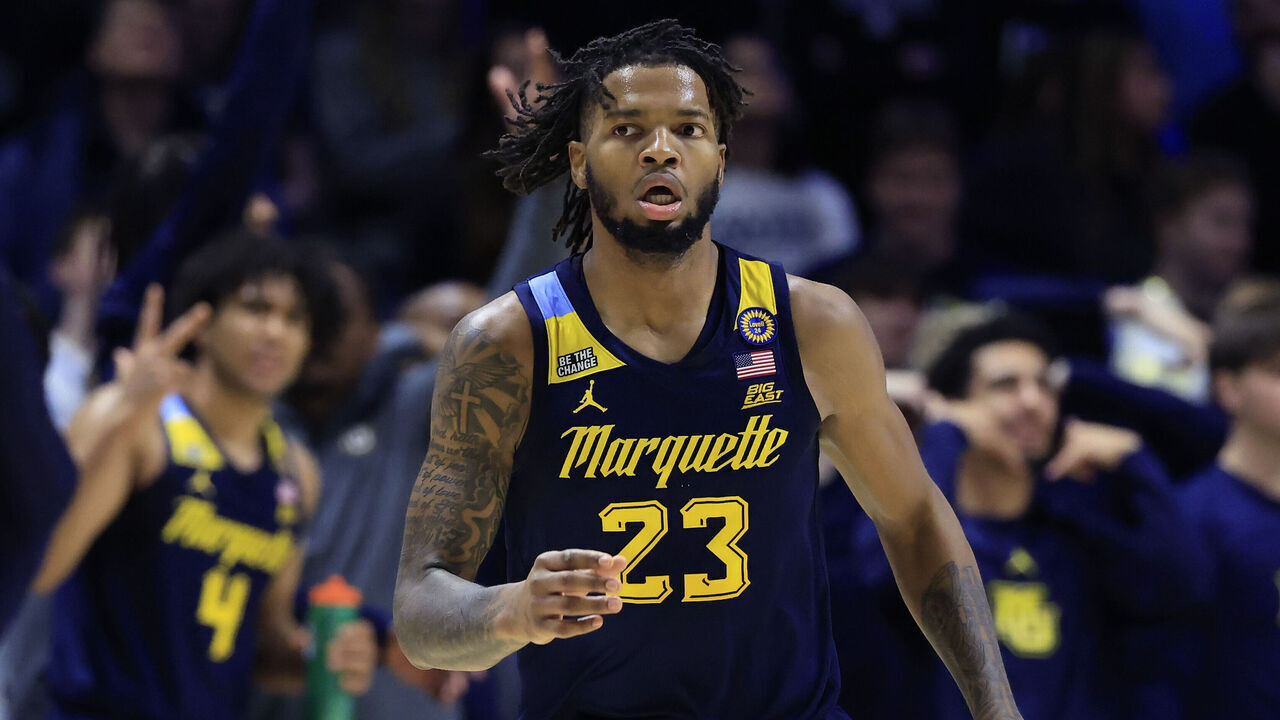 CINCINNATI, OHIO - DECEMBER 21: David Joplin #23 of the Marquette Golden Eagles reacts against the Xavier Musketeers during the second half at Cintas Center on December 21, 2024 in Cincinnati, Ohio.