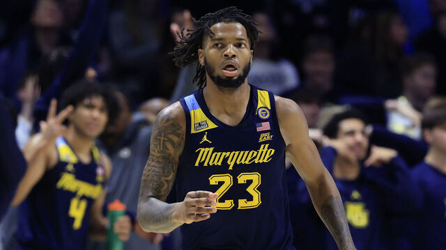 CINCINNATI, OHIO - DECEMBER 21: David Joplin #23 of the Marquette Golden Eagles reacts against the Xavier Musketeers during the second half at Cintas Center on December 21, 2024 in Cincinnati, Ohio.