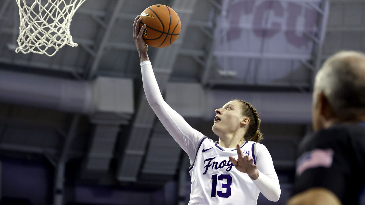FORT WORTH, TX - NOVEMBER 5: Sedona Prince #13 of the TCU Horned Frogs shoots the ball against the Houston Christian Huskies in the first half at Schollmaier Arena on November 5, 2024 in Fort Worth, Texas.