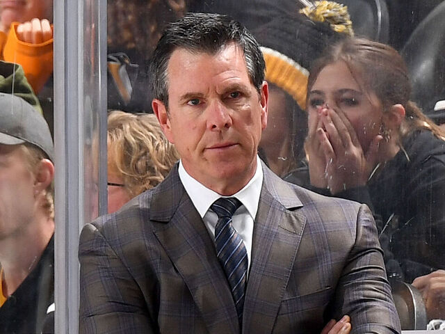 PITTSBURGH, PA - NOVEMBER 11: Mike Sullivan of the Pittsburgh Penguins looks on against the Dallas Stars at PPG PAINTS Arena on November 11, 2024 in Pittsburgh, Pennsylvania.
