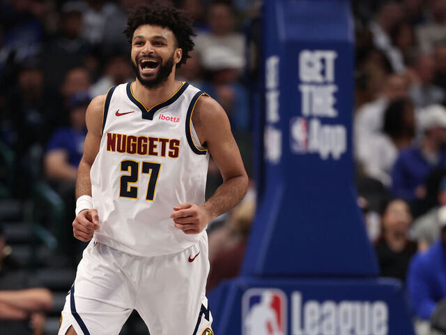 DALLAS, TEXAS - JANUARY 14: Jamal Murray #27 of the Denver Nuggets reacts after scoring in the second quarter against the Dallas Mavericks at American Airlines Center on January 14, 2025 in Dallas, Texas. NOTE TO USER: User expressly acknowledges and agrees that, by downloading and/or using this photograph, user is consenting to the terms and conditions of the Getty Images License Agreement.