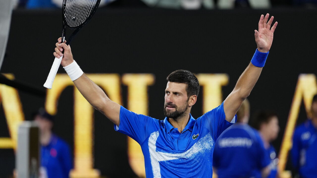 MELBOURNE, AUSTRALIA - JANUARY 15: Novak Djokovic of Serbia celebrates winning in the Men's Singles Second Round match against Jaime Faria of Portugal during day four of the 2025 Australian Open at Melbourne Park on January 15, 2025 in Melbourne, Australia.