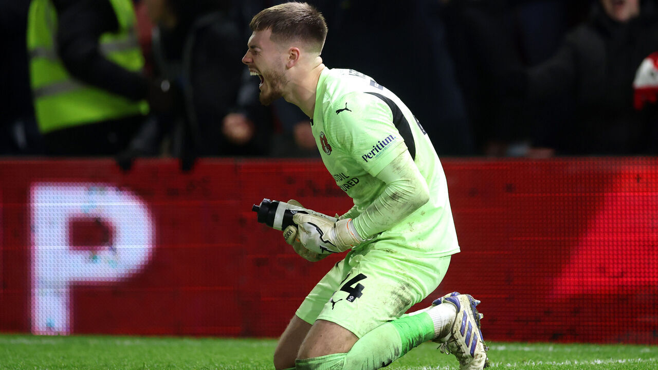 LONDON, ENGLAND - JANUARY 14: Josh Keeley of Leyton Orient celebrates after victory in the penalty shoot out after the Emirates FA Cup Third Round match between Leyton Orient and Derby County at Gaughan Group Stadium on January 14, 2025 in London, England.