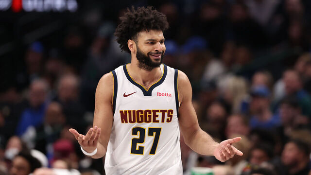 DALLAS, TEXAS - JANUARY 14: Jamal Murray #27 of the Denver Nuggets reacts during the fourth quarter against the Dallas Mavericks at American Airlines Center on January 14, 2025 in Dallas, Texas. NOTE TO USER: User expressly acknowledges and agrees that, by downloading and/or using this photograph, user is consenting to the terms and conditions of the Getty Images License Agreement.