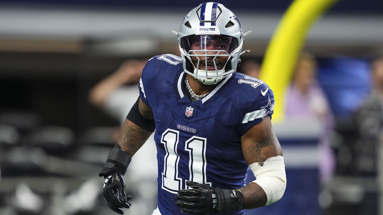 ARLINGTON, TX - JANUARY 05: Micah Parsons #11 of the Dallas Cowboys celebrates during an NFL football game against the Washington Commanders at AT&T Stadium on January 5, 2025 in Arlington, Texas.