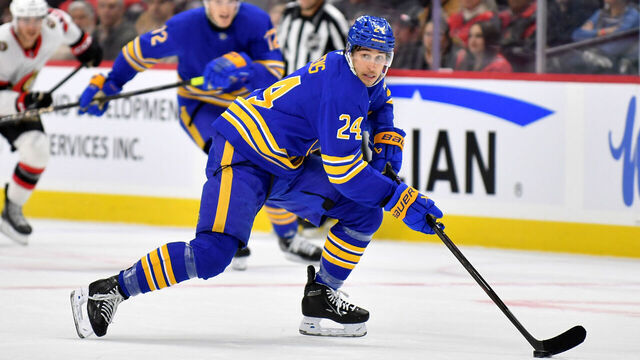 OTTAWA, ONTARIO - JANUARY 09: Dylan Cozens #24 of the Buffalo Sabres gains the blueline during the first period against the Ottawa Senators at Canadian Tire Centre on January 09, 2025 in Ottawa, Ontario.