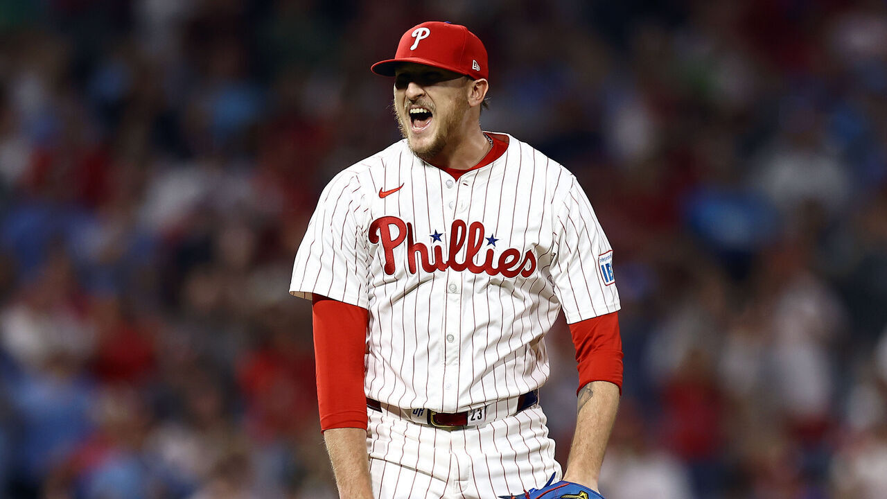 PHILADELPHIA, PENNSYLVANIA - SEPTEMBER 09: Jeff Hoffman #23 of the Philadelphia Phillies reacts during the eighth inning against the Tampa Bay Rays at Citizens Bank Park on September 09, 2024 in Philadelphia, Pennsylvania.