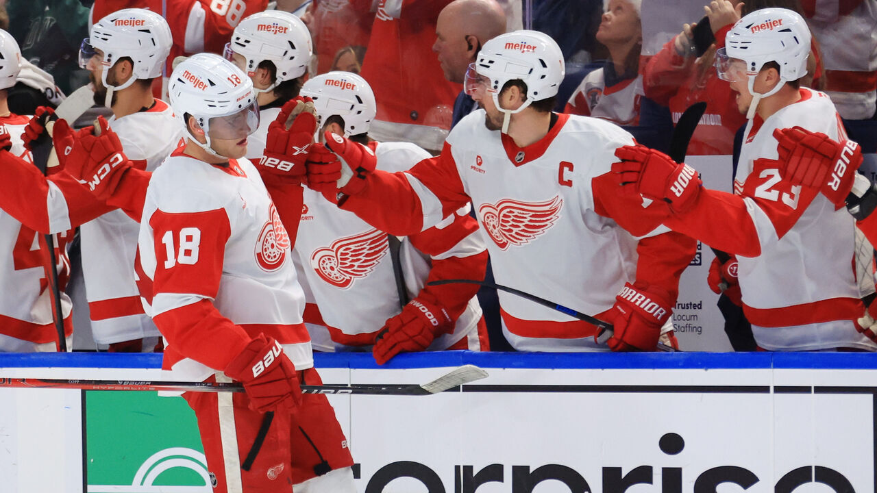 BUFFALO, NEW YORK - DECEMBER 9: Andrew Copp #18 of the Detroit Red Wings celebrates his third period goal with teammates on the bench during an NHL game against the Buffalo Sabres on December 9, 2024 at KeyBank Center in Buffalo, New York.