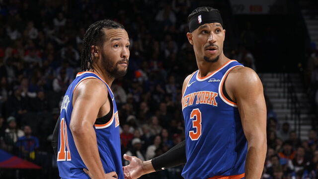 PHILADELPHIA, PA - JANUARY 15: Jalen Brunson #11 and Josh Hart #3 of the New York Knicks look on during the game against the Philadelphia 76ers on January 15, 2025 at the Wells Fargo Center in Philadelphia, Pennsylvania NOTE TO USER: User expressly acknowledges and agrees that, by downloading and/or using this Photograph, user is consenting to the terms and conditions of the Getty Images License Agreement. Mandatory Copyright Notice: Copyright 2025 NBAE