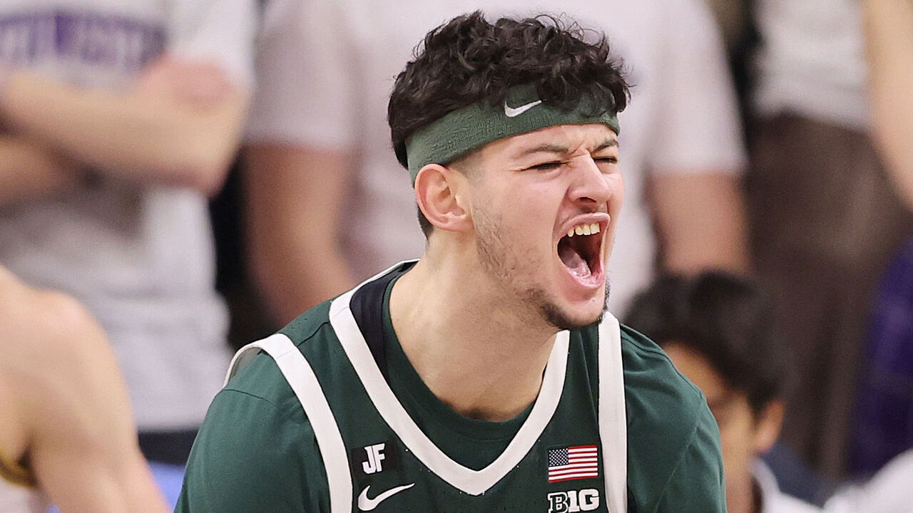 EVANSTON, ILLINOIS - JANUARY 12: Frankie Fidler #8 of the Michigan State Spartans celebrates a dunk against the Northwestern Wildcats during the first half at Welsh-Ryan Arena on January 12, 2025 in Evanston, Illinois.