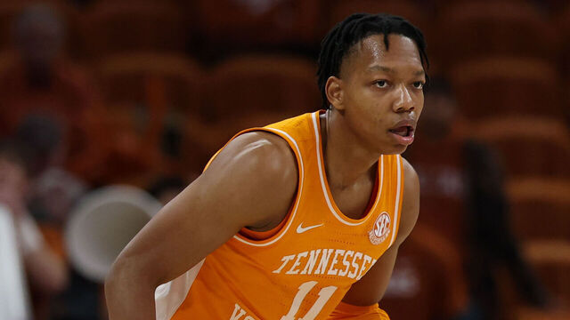 AUSTIN, TX - JANUARY 11: Tennessee Volunteers guard Jordan Gainey (11) brings the ball up court during the college basketball game between Texas Longhorns and Tennessee Volunteers on January 11, 2025, at Moody Center in Austin, Texas.