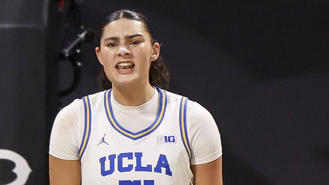 LONG BEACH, CALIFORNIA - JANUARY 15: Lauren Betts #51 of the UCLA Bruins reacts after scoring in the first half against the Penn State Nittany Lions at Walter Pyramid on January 15, 2025 in Long Beach, California.