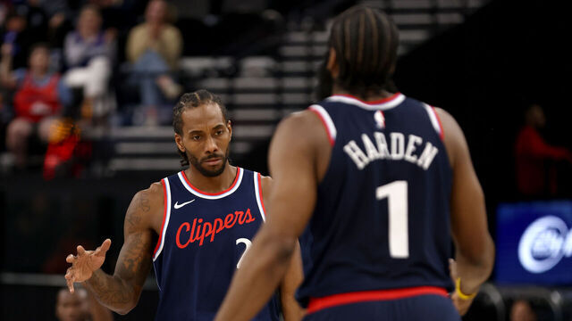 INGLEWOOD, CALIFORNIA - JANUARY 15: Kawhi Leonard #2 and James Harden #1 of the Los Angeles Clippers celebrate a basket during the third quarter against the Brooklyn Nets at Intuit Dome on January 15, 2025 in Inglewood, California. NOTE TO USER: User expressly acknowledges and agrees that, by downloading and/or using this Photograph, user is consenting to the terms and conditions of the Getty Images License Agreement.