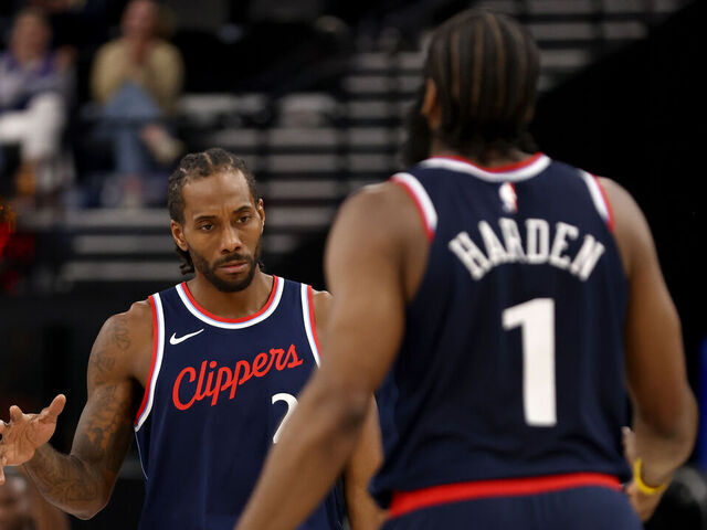 INGLEWOOD, CALIFORNIA - JANUARY 15: Kawhi Leonard #2 and James Harden #1 of the Los Angeles Clippers celebrate a basket during the third quarter against the Brooklyn Nets at Intuit Dome on January 15, 2025 in Inglewood, California. NOTE TO USER: User expressly acknowledges and agrees that, by downloading and/or using this Photograph, user is consenting to the terms and conditions of the Getty Images License Agreement.