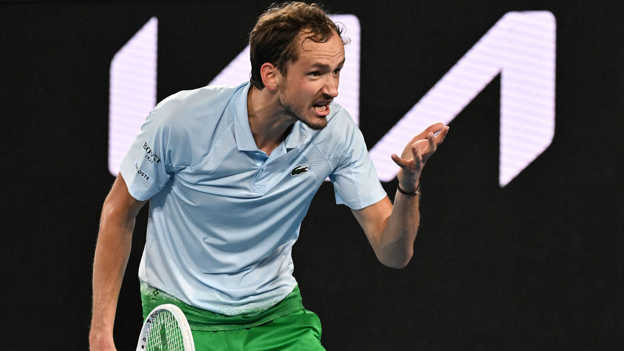 Russia's Daniil Medvedev reacts after a point against USA's Learner Tien during their men's singles match on day five of the Australian Open tennis tournament in Melbourne on January 16, 2025.
