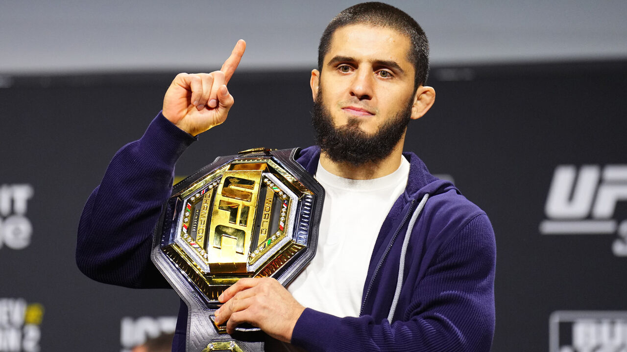 LAS VEGAS, NEVADA - DECEMBER 06: Islam Makhachev of Russia is seen on stage during the UFC 311 press conference at MGM Grand Garden Arena on December 06, 2024 in Las Vegas, Nevada.