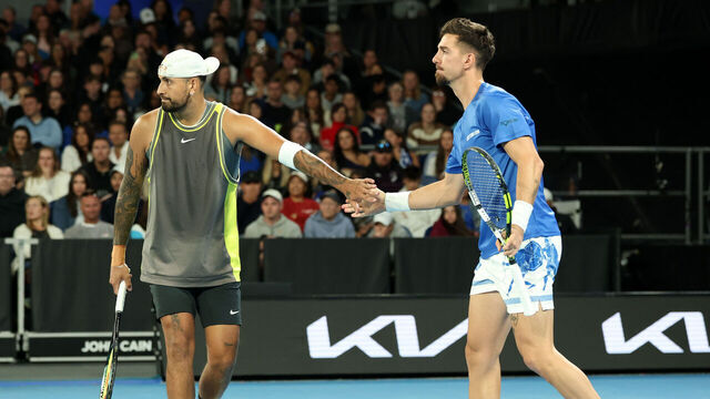MELBOURNE, AUSTRALIA - JANUARY 16: Nick Kyrgios and Thanasi Kokkinakis of Australia react in the Men's Doubles First Round match against James Duckworth and Aleksandar Vukic of Australia during day five of the 2025 Australian Open at Melbourne Park on January 16, 2025 in Melbourne, Australia.