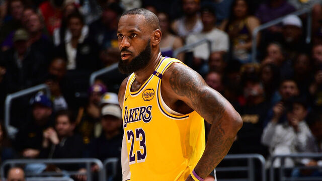 LOS ANGELES, CA - JANUARY 15: LeBron James #23 of the Los Angeles Lakers looks on during the game against the Miami Heat on January 15, 2025 at Crypto.Com Arena in Los Angeles, California. NOTE TO USER: User expressly acknowledges and agrees that, by downloading and/or using this Photograph, user is consenting to the terms and conditions of the Getty Images License Agreement. Mandatory Copyright Notice: Copyright 2025 NBAE