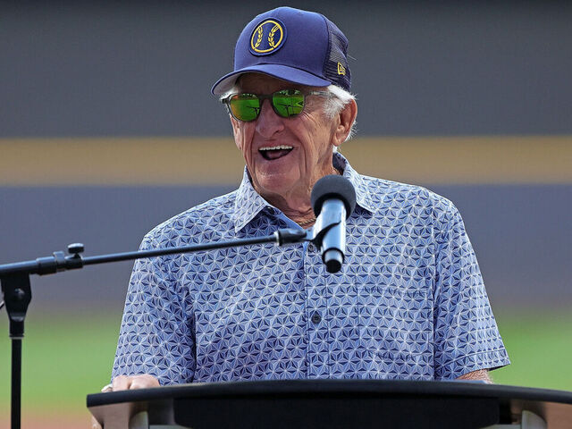 MILWAUKEE, WISCONSIN - AUGUST 05: Broadcaster Bob Uecker speaks to the crowd prior to a game between the Milwaukee Brewers and the Cincinnati Reds at American Family Field on August 05, 2022 in Milwaukee, Wisconsin.