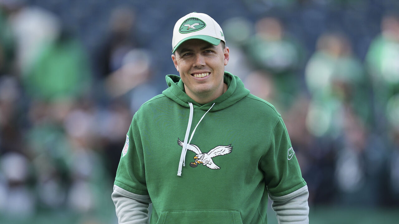 PHILADELPHIA, PENNSYLVANIA - DECEMBER 29: Offensive coordinator Kellen Moore of the Philadelphia Eagles looks on prior to the game against the Dallas Cowboys at Lincoln Financial Field on December 29, 2024 in Philadelphia, Pennsylvania.