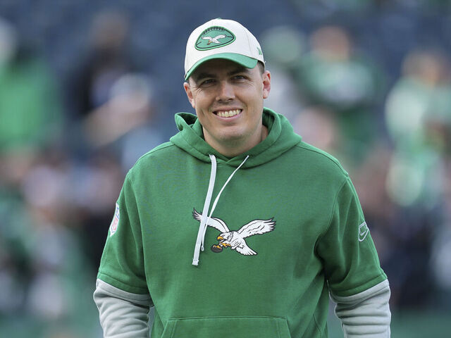 PHILADELPHIA, PENNSYLVANIA - DECEMBER 29: Offensive coordinator Kellen Moore of the Philadelphia Eagles looks on prior to the game against the Dallas Cowboys at Lincoln Financial Field on December 29, 2024 in Philadelphia, Pennsylvania.