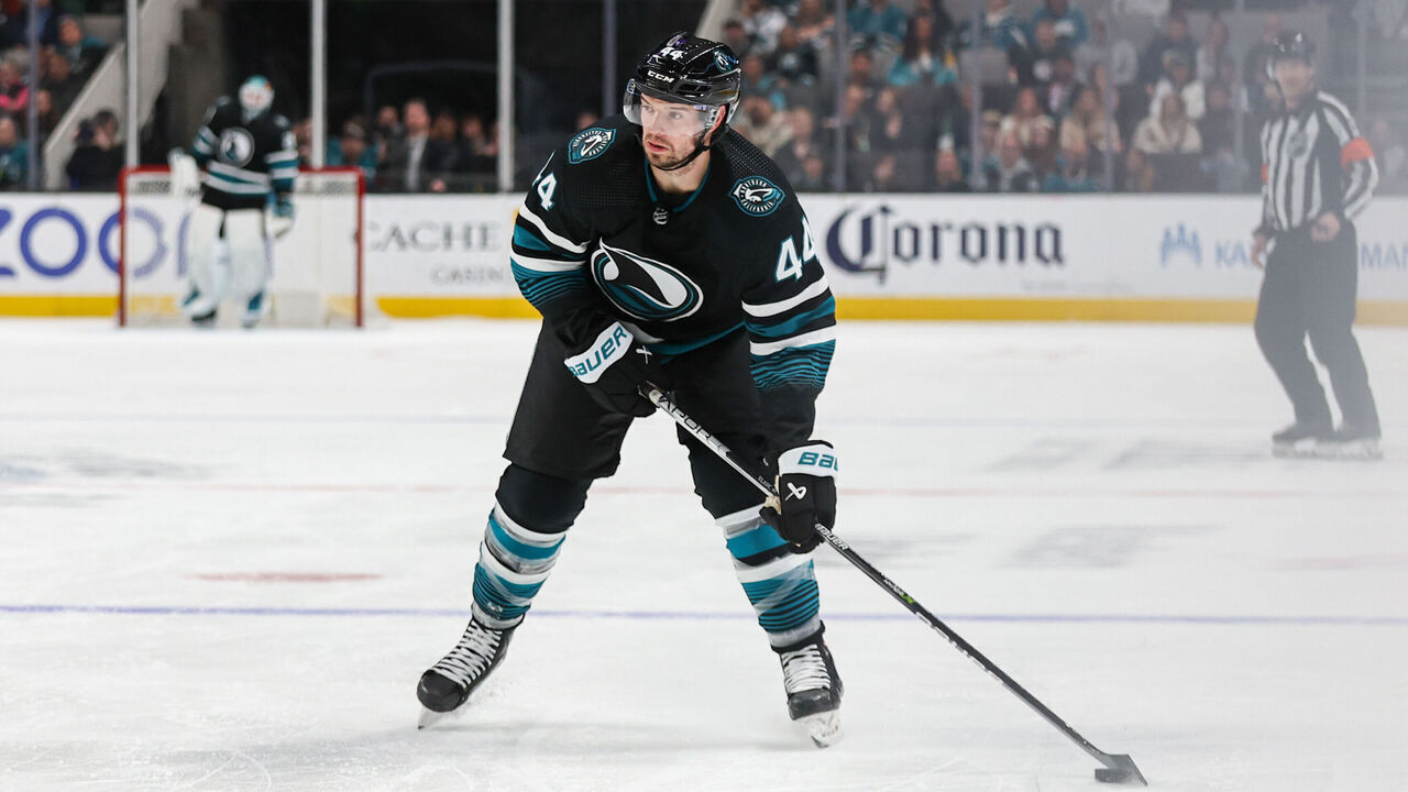 SAN JOSE, CAMARCH 26: Marc-Edouard Vlasic #44 of the San Jose Sharks with the puck in the third period of a game against the Dallas Stars at SAP Center on March 26, 2024