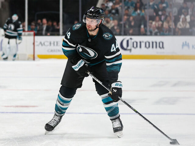 SAN JOSE, CAMARCH 26: Marc-Edouard Vlasic #44 of the San Jose Sharks with the puck in the third period of a game against the Dallas Stars at SAP Center on March 26, 2024