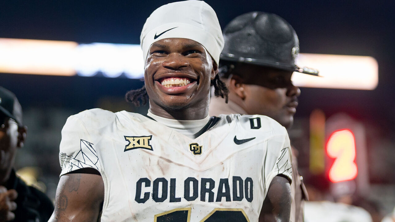 ORLANDO, FL - SEPTEMBER 28:Colorado Buffaloes wide receiver Travis Hunter (12) smiles big on the sideline during a college football game between the Colorado Buffaloes and the UCF Knights on September 28th, 2024 at FBC Mortgage Stadium in Orlando, FL.