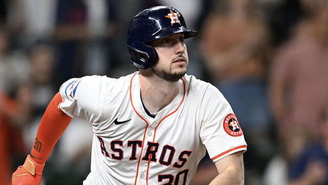 HOUSTON, TEXAS - SEPTEMBER 11: Kyle Tucker #30 of the Houston Astros pinch hits for an RBI-single against the Oakland Athletics at Minute Maid Park on September 11, 2024 in Houston, Texas.