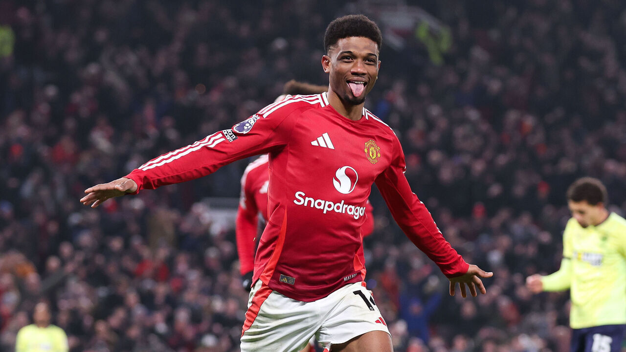 MANCHESTER, ENGLAND - JANUARY 16: Amad Diallo of Manchester United celebrates after scoring their side's third goal, after completing his hat-trick, during the Premier League match between Manchester United FC and Southampton FC at Old Trafford on January 16, 2025 in Manchester, England.