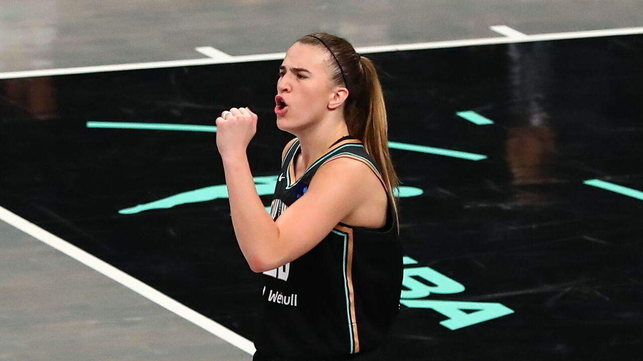 BROOKLYN, NY - OCTOBER 20: Sabrina Ionescu #20 of the New York Liberty celebrates during the game against the Minnesota Lynx during Game Five of the 2024 WNBA Finals on October 20, 2024 in Brooklyn, New York. Mandatory Copyright Notice: Copyright 2024 NBAE