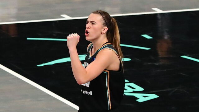 BROOKLYN, NY - OCTOBER 20: Sabrina Ionescu #20 of the New York Liberty celebrates during the game against the Minnesota Lynx during Game Five of the 2024 WNBA Finals on October 20, 2024 in Brooklyn, New York. Mandatory Copyright Notice: Copyright 2024 NBAE