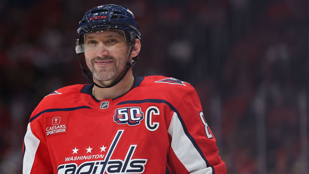 WASHINGTON, DC - JANUARY 10: Alex Ovechkin #8 of the Washington Capitals smiles against the Montreal Canadiens during the second period at Capital One Arena on January 10, 2025 in Washington, DC.