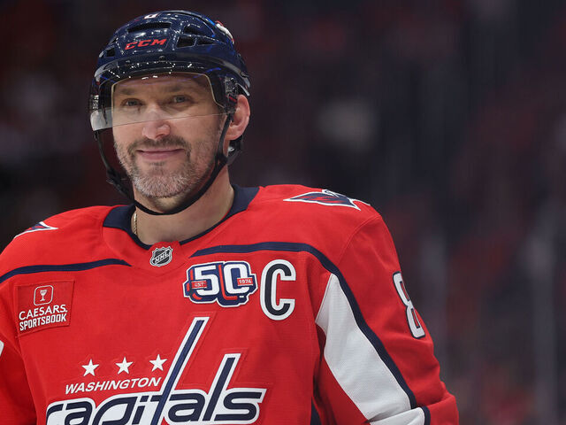 WASHINGTON, DC - JANUARY 10: Alex Ovechkin #8 of the Washington Capitals smiles against the Montreal Canadiens during the second period at Capital One Arena on January 10, 2025 in Washington, DC.