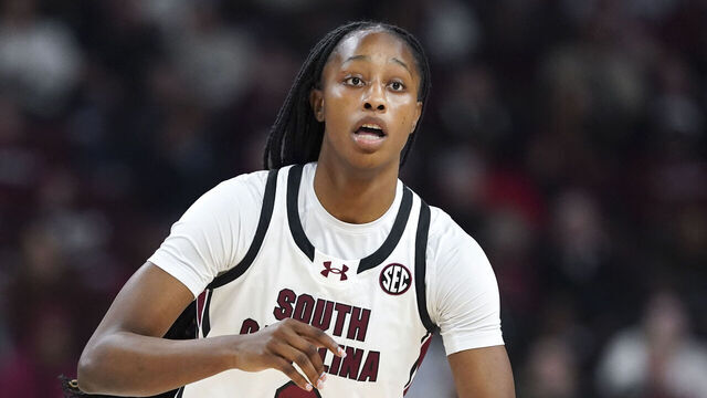COLUMBIA, SOUTH CAROLINA - JANUARY 12: Joyce Edwards of the South Carolina Gamecocks dribbles the ball during an NCAA women's basketball game against the Texas Longhorns at Colonial Life Arena on January 12, 2024 in Columbia, South Carolina. The South Carolina Gamecocks won 67-50.