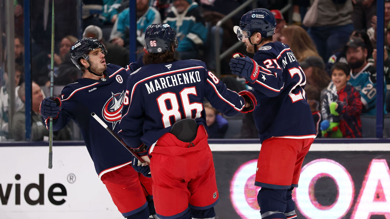 COLUMBUS, OHIO - JANUARY 16: James van Riemsdyk #21 of the Columbus Blue Jackets is congratulated by Cole Silling #4 and Kirill Marchenko #86 after scoring a goal during the third period of the game against the San Jose Sharks at Nationwide Arena on January 16, 2025 in Columbus, Ohio. Columbus defeated San Jose 4-1.
