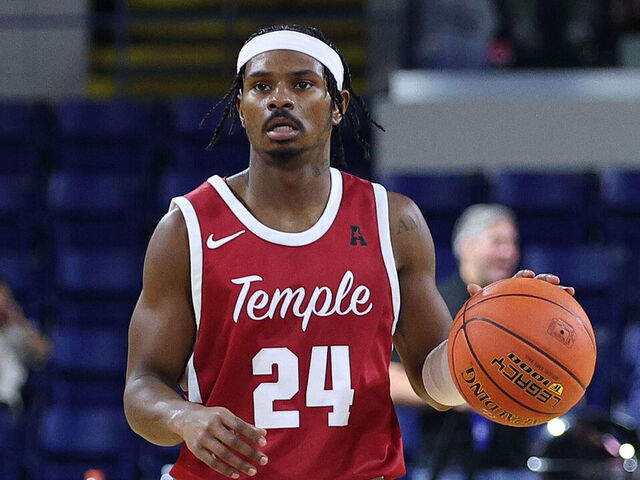 SPRINGFIELD, MA - DECEMBER 21: Temple Owls guard Jamal Mashburn Jr. (24) with the ball during the 2024 college Basketball Hall of Fame Classic game between Temple Owls and Rhode Island Rams on December 21, 2024, at MassMutual Center in Springfield, MA.