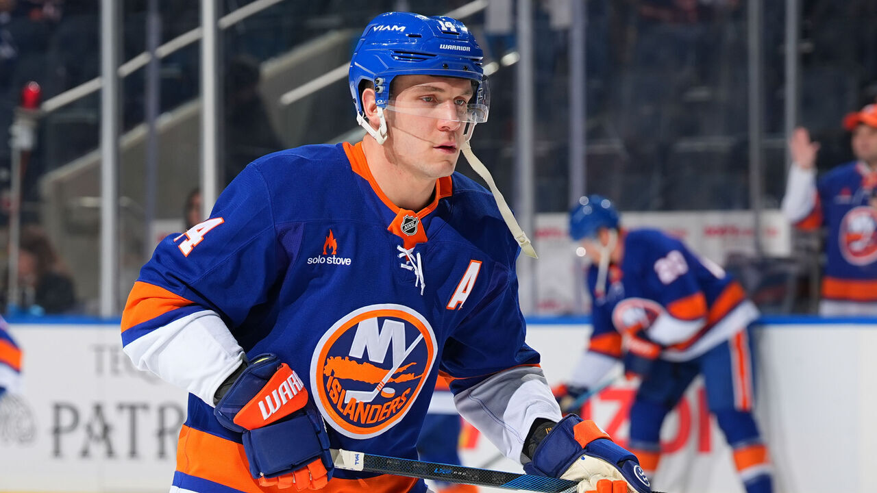 ELMONT, NEW YORK - JANUARY 02: Bo Horvat #14 of the New York Islanders skates during warm up prior to the game against the Toronto Maple Leafs on January 2, 2025 at UBS Arena in Elmont, New York