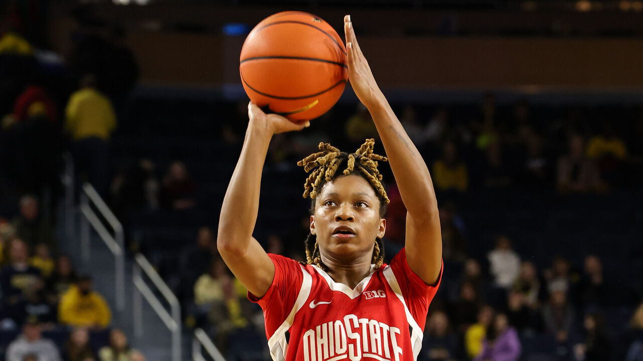 ANN ARBOR, MI - JANUARY 8: Ohio State Buckeyes guard Jaloni Cambridge (22) shoots a free throw during the fourth quarter of a regular season Big Ten Conference college women's basketball game between the Ohio State Buckeyes and the Michigan Wolverines on January 8, 2025 at Crisler Center in Ann Arbor, Michigan.