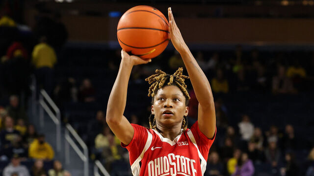 ANN ARBOR, MI - JANUARY 8: Ohio State Buckeyes guard Jaloni Cambridge (22) shoots a free throw during the fourth quarter of a regular season Big Ten Conference college women's basketball game between the Ohio State Buckeyes and the Michigan Wolverines on January 8, 2025 at Crisler Center in Ann Arbor, Michigan.