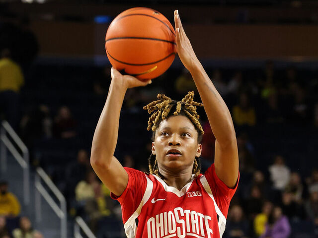 ANN ARBOR, MI - JANUARY 8: Ohio State Buckeyes guard Jaloni Cambridge (22) shoots a free throw during the fourth quarter of a regular season Big Ten Conference college women's basketball game between the Ohio State Buckeyes and the Michigan Wolverines on January 8, 2025 at Crisler Center in Ann Arbor, Michigan.