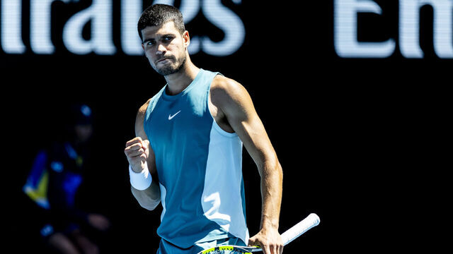 MELBOURNE, VIC - JANUARY 17: Carlos Alcaraz of Spain celebrates during Round 3 of the 2025 Australian Open on January 17 2025, at Melbourne Park in Melbourne, Australia.