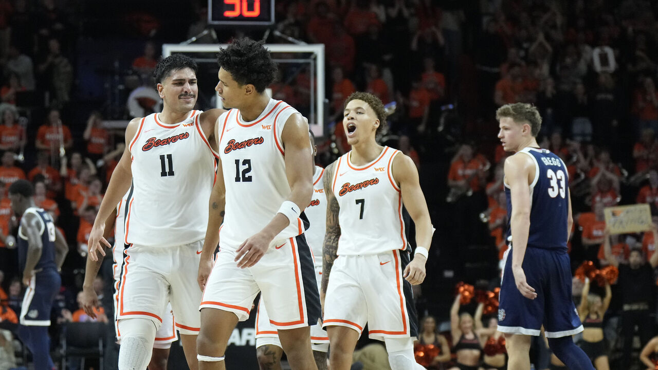 CORVALLIS, OREGON - JANUARY 16: Michael Rataj #12 of the Oregon State Beavers celebrates a basket with teammates during the second half against the Gonzaga Bulldogs at Gill Coliseum on January 16, 2025 in Corvallis, Oregon.