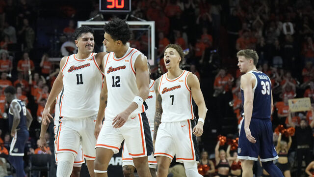 CORVALLIS, OREGON - JANUARY 16: Michael Rataj #12 of the Oregon State Beavers celebrates a basket with teammates during the second half against the Gonzaga Bulldogs at Gill Coliseum on January 16, 2025 in Corvallis, Oregon.