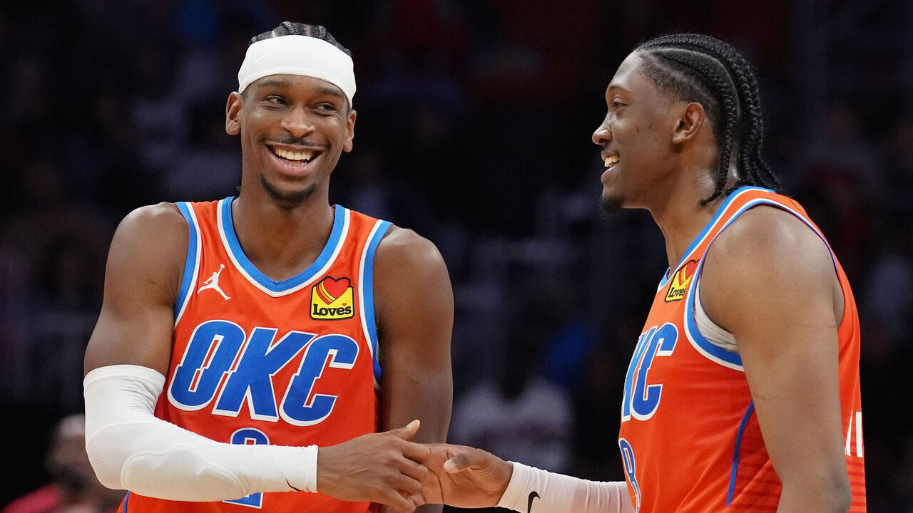 MIAMI, FL - DECEMBER 20: Shai Gilgeous-Alexander #2 and Duncan Robinson #55 and Jalen Williams #8 of the Oklahoma City Thunder smile during the game against the Miami Heat on December 20, 2024 at Kaseya Center in Miami, Florida. Mandatory Copyright Notice: Copyright 2024 NBAE