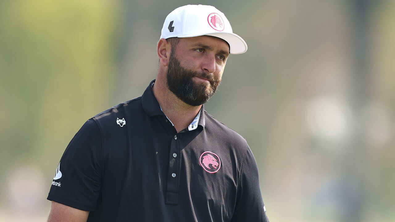 DUBAI, UNITED ARAB EMIRATES - JANUARY 17: Jon Rahm of Spain looks on at the end of the second round of the Hero Dubai Desert Classic at Emirates Golf Club on January 17, 2025 in Dubai, United Arab Emirates.