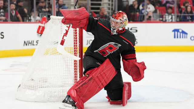 RALEIGH, NORTH CAROLINA - OCTOBER 11: Frederik Andersen #31 of the Carolina Hurricanes is seen during the game against the Tampa Bay Lightning at Lenovo Center on October 11, 2024 in Raleigh, North Carolina. The Lightning won 4-1.