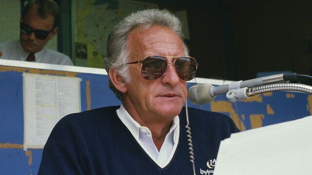 MILWAUKEE, WI - 1980: Broadcaster Bob Uecker of the Milwaukee Brewers in the booth during a game at County Stadium in the 1980s in Milwaukee, Wisconsin.