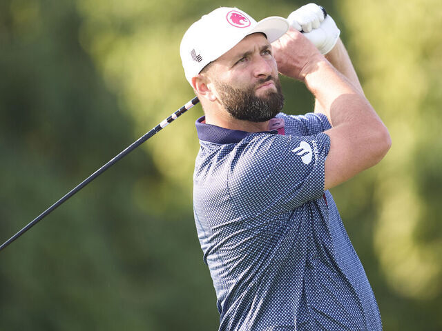 DUBAI, UNITED ARAB EMIRATES - JANUARY 16: Jon Rahm of Spain tees off on the 13th hole during day one of the Hero Dubai Desert Classic at Emirates Golf Club on January 16, 2025 in Dubai, United Arab Emirates.
