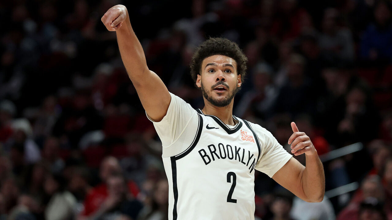 PORTLAND, OREGON - JANUARY 14: Cameron Johnson #2 of the Brooklyn Nets shoots against the Portland Trail Blazers during the second half at Moda Center on January 14, 2025 in Portland, Oregon.